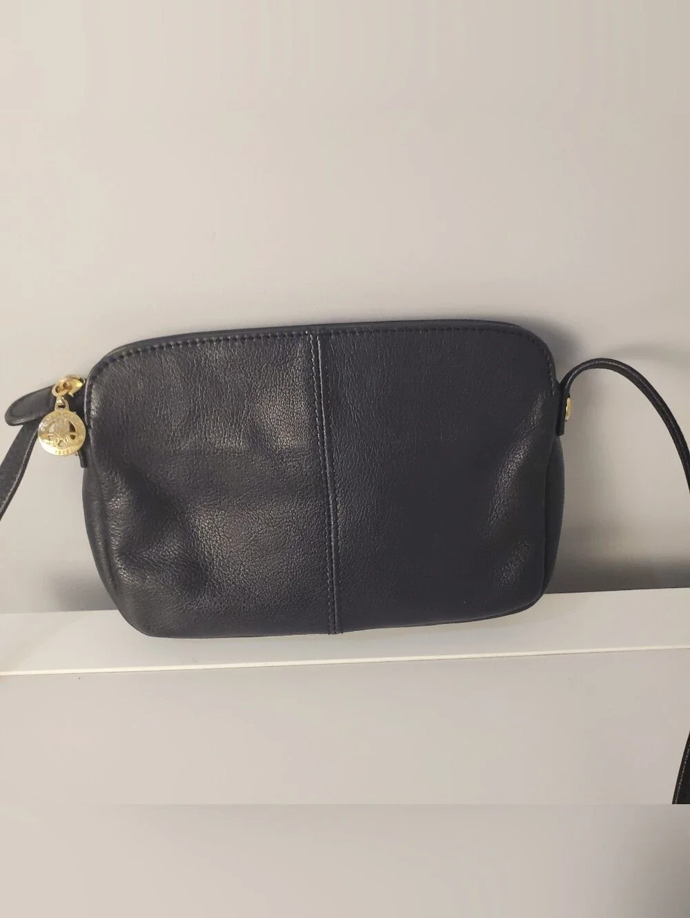 Vintage Pourchet Paris Black Leather Crossbody Bag Gold Crest Made In France